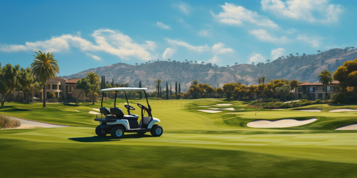 A day at a resort golf course, nice weather, beautiful course layout. Golf cart in front, golfers walking to the green, blurred human motion.