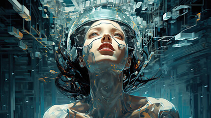 Naklejka na ściany i meble The young humanoid female head is connected to a super computer, symbolizing artificial intelligence. Futuristic illustration of the relationship between humans and neural networks. Copy space