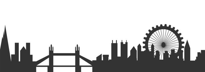 Naklejka premium Black and white cityscape background. City buildings with bridge and ferris wheel. Modern architectural panorama in flat style. Vector