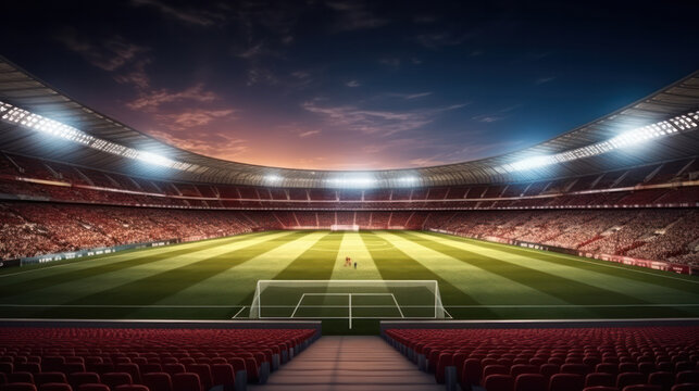 Empty night grand soccer arena in the lights - Powered by Adobe