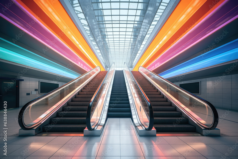 Poster an escalator in a subway station with colorful lights. digital image.