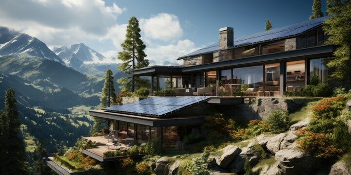 A house with solar panels on the roof. Digital image.