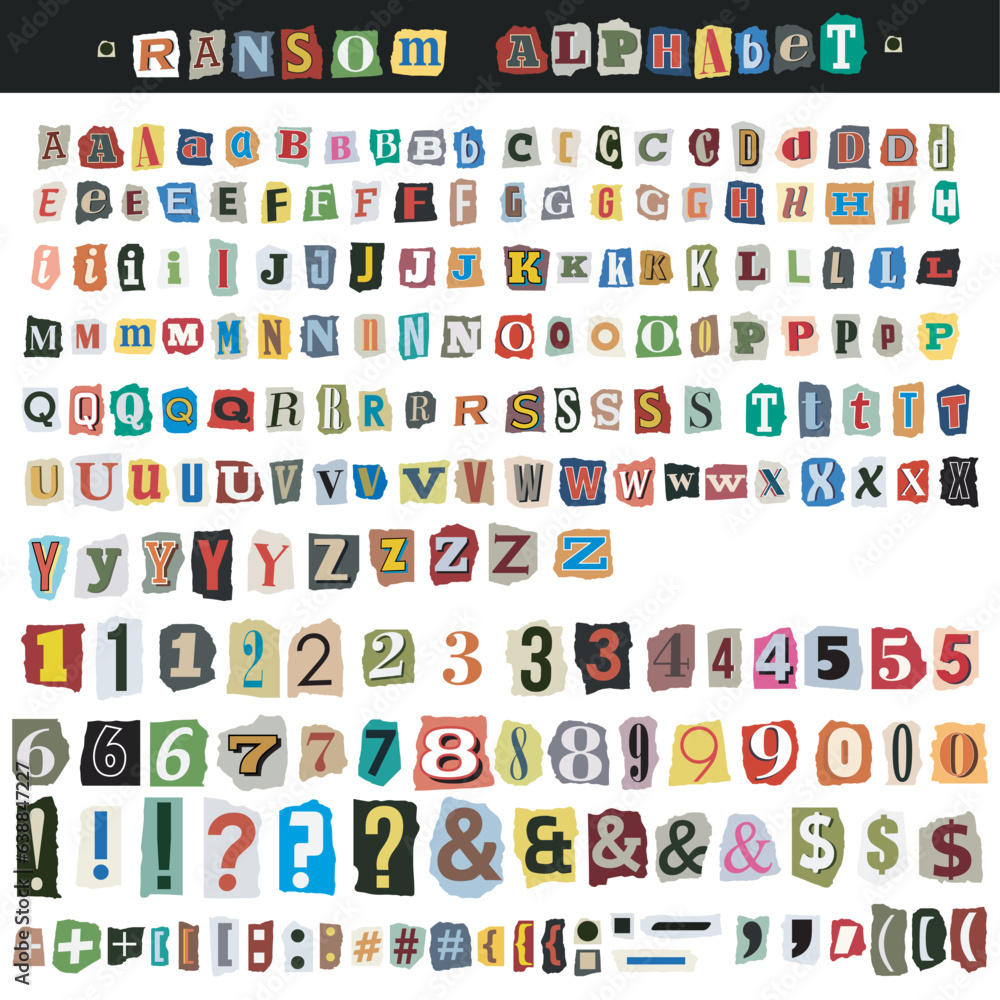 Fototapete ransom letters collage note alphabet. a full character marks set of cut-outs from newspapers. blackm