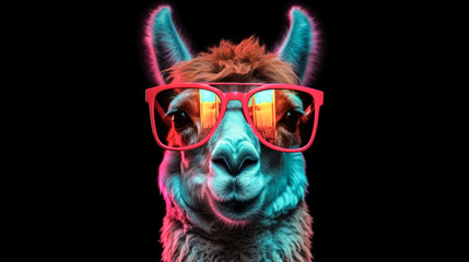 portrait of a gorgeous stylish trendy modern lama animal in stylish glasses. Black backgorund. Creative portrait in iridescent neon colors, concept photo in neon lighting. AI generated.
