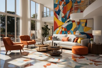 A living room filled with furniture and a large painting. Digital image.