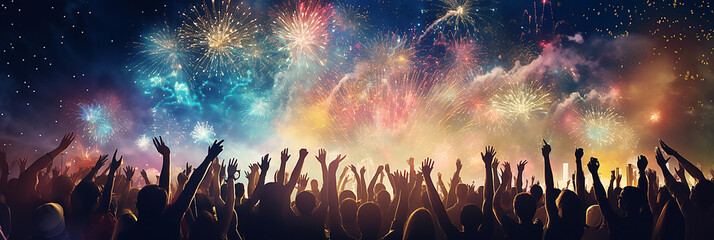 Lots of people look excited and happy in the background of fireworks at a music festival. - Powered by Adobe