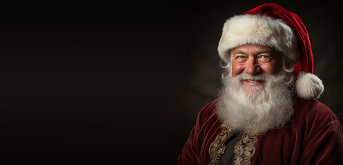 Santa Claus portrait, happy and smiling, copy space, winter holiday season, christmas greeting card, generative AI