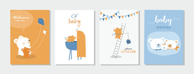 Set of baby shower invitations cards with babies boy and girl,cute design,poster,template,chick,Vector illustrations.