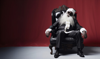 Happy smiling African Santa Claus sit on black armchair and Christmas background. Christmas holidays
