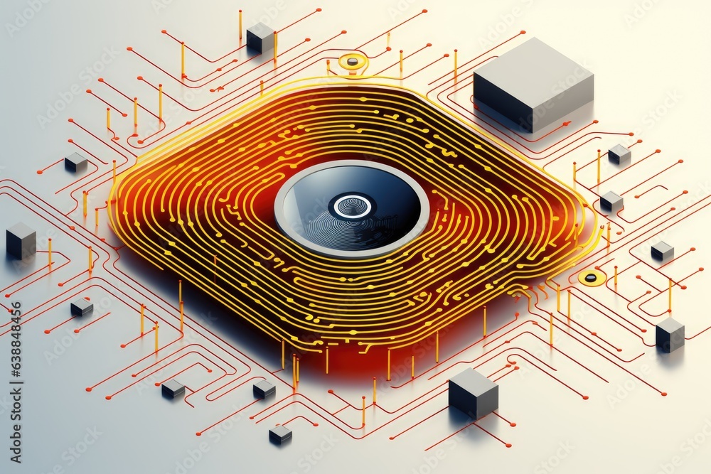 Poster computer chip with fingerprint labytinth pattern, isometric projection. cyber security concept.