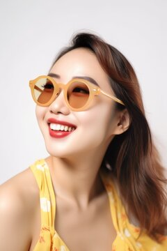 fashion, sunglasses and woman on white background with smile for beauty, happy or summer time