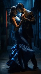 fast-paced twists and turns of an Argentine Tango. The dancers, bathed in a dramatic hue of blue, seem to leave traces of their electric energy as they glide on the dance floor