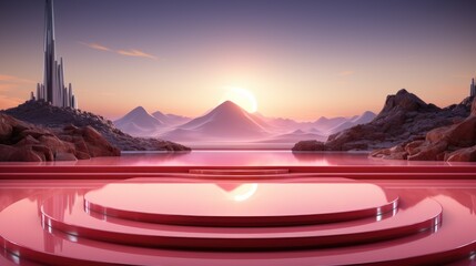 A stage in the middle of a desert with a mountain in the background. Digital image.