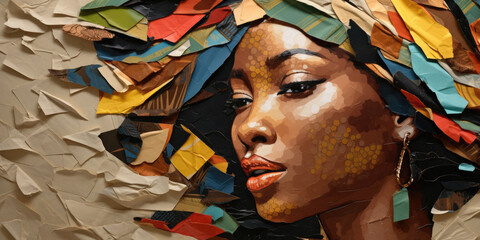 Creative torn paper collage illustration of an African woman, concept of female diversity and expression