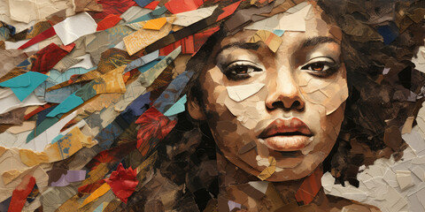 Creative torn paper collage illustration of an African woman, concept of female diversity and expression