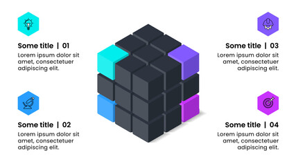 Infographic template. Isometric cube with 4 steps and icons