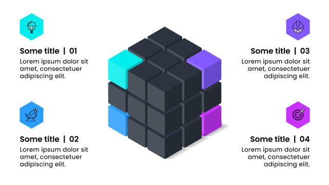 Infographic template. Isometric cube with 4 steps and icons
