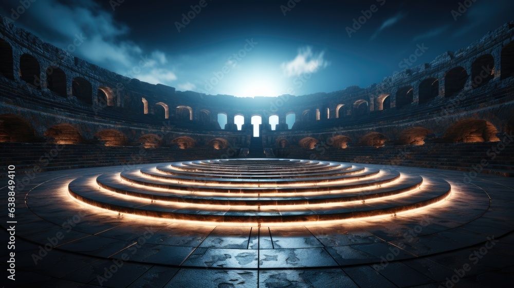 Poster a large circular stone structure with steps leading up to it. digital image.