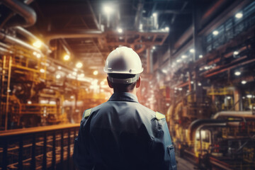 Engineer in industrial factory, view from the back