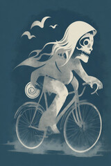 Obraz na płótnie Canvas white ghost riding a bicycle scary halloween on navy blue background