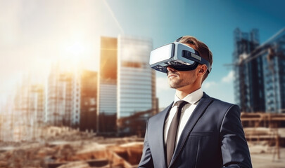Property developer, businessman visualizing construction investment with virtual reality headset
