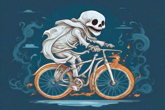 white ghost riding a bicycle scary halloween  on navy blue background