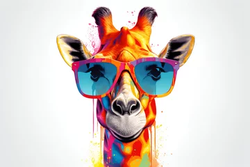 Foto op Plexiglas Giraffe in sunglasses, summer background, generative AI © natalystudio