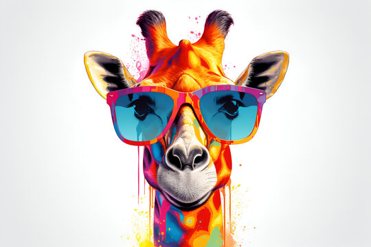 Giraffe in sunglasses, summer background, generative AI