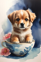 puppy in a blue cup watercolor artwork