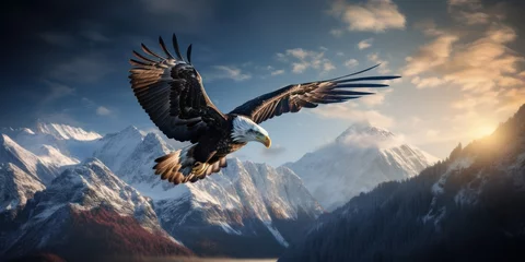 Fotobehang Eagle's Flight over Snow-Capped Peaks   © Oliver