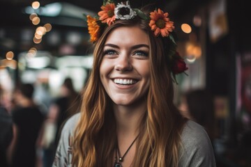 Fototapeta premium a young hipster woman smiling wearing a flower crown