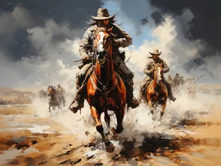 Foto op Plexiglas A painting of two men riding horses in the desert. Digital image. © tilialucida
