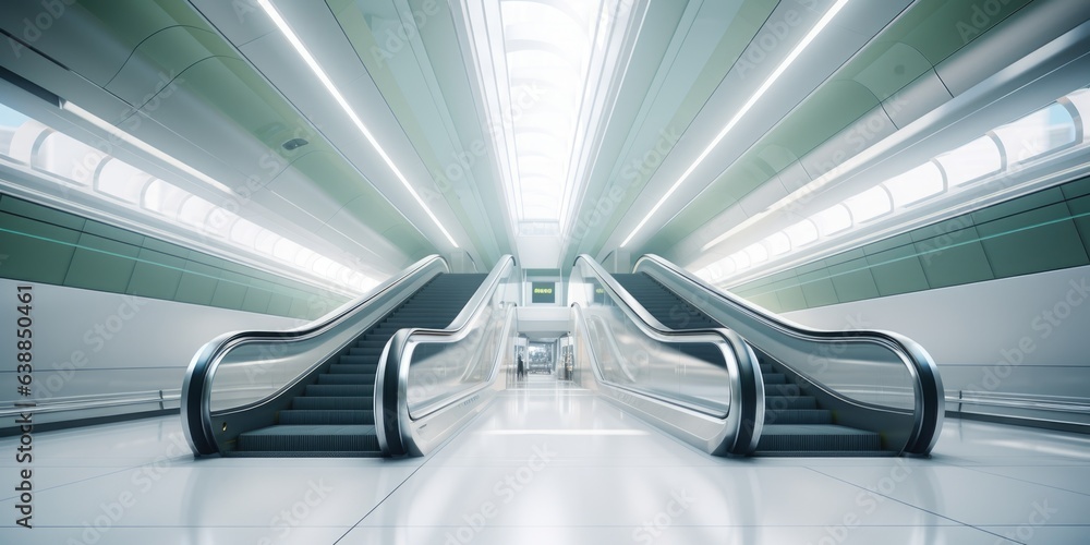 Poster an escalator in a subway station with its lights on. digital image.