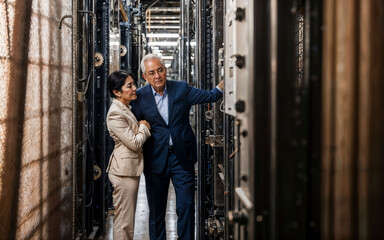 photo of working entrepreneur woman at factory with machine and worker, generative AI