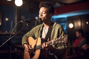 shot of a young man performing at an open mic event