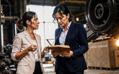 Obraz premium photo of working entrepreneur woman at factory with machine and worker, generative AI