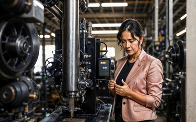 Fototapeta na wymiar photo of working entrepreneur woman at factory with machine and worker, generative AI
