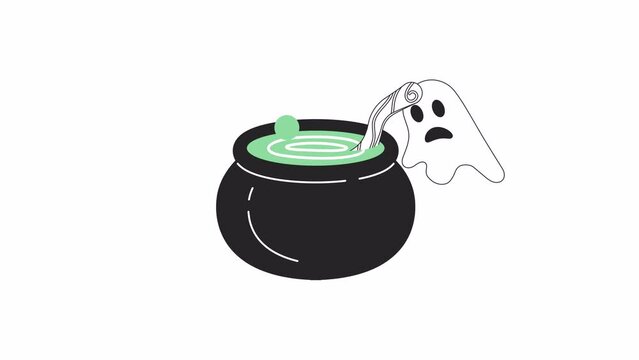 Cauldron with floating ghosts bw 2D animation. Boiling pot on Halloween 4K video motion graphic. Magic cooking with haunted spirits monochrome outline animated cartoon flat concept, white background