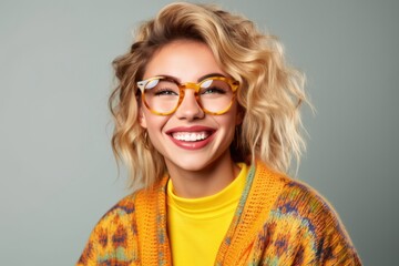 studio shot of an attractive young woman wearing a smiley face sweater and trendy eyeglasses