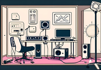 Recording studio control room with professional equipment. Isometric color illustration with loudspeakers, guitar and control panels. Radio booth for singers and bands. Song audio recording concept, G