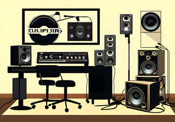 Obraz premium Recording studio control room with professional equipment. Isometric color illustration with loudspeakers, guitar and control panels. Radio booth for singers and bands. Song audio recording concept, G