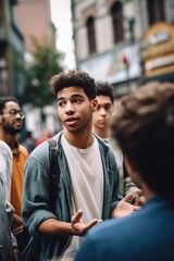 shot of a young man explaining something to a group of people in the city