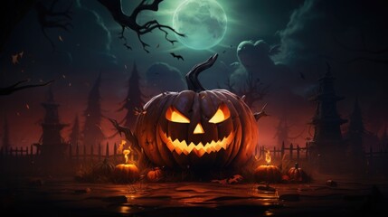 Halloween pumpkin banner with moon and bats on the background