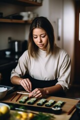 Fototapeta premium shot of a young woman making sushi in her kitchen