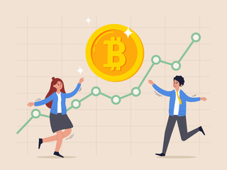 Bitcoin BTC price soaring sky high hit new high record concept, good teamwork, business people team investor look high from Bitcoin symbol with green chart and graph.