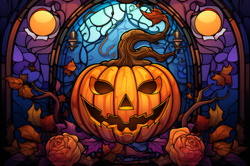 Stained glass Halloween pumpkin, jack-o-lantern 4
