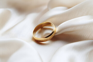 A gold ring on silk background. Gold wedding jewelry