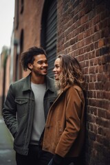 Fototapeta na wymiar shot of a young couple walking past a brick wall