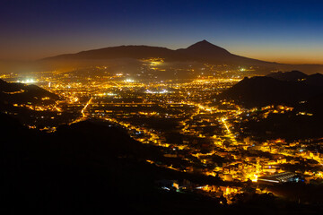 Fairy-tale Blue Hour Nigth Scenery Over La Laguna and Teide Volcano, Tenerife, Canary Islands, Spain