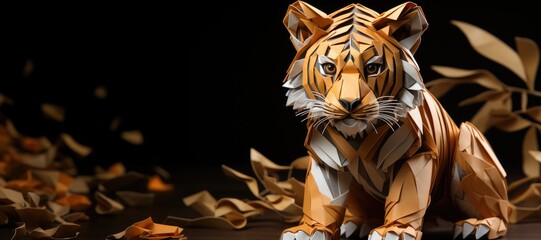 Fototapeta na wymiar The Paper Predator - A Realistic Tiger Crafted Through the Timeless Techniques of Origami - Stripes and Stealth in Every Fold - Paper Origami Tiger Background created with Generative AI Technology